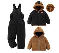 Ensemble manteau matelassé et salopette pour jeune garçon, 2 pièces, avec design d'oreilles d'ours 3D, veste réversible, mode et polyvalent, convient pour les sorties décontractées en automne/hiver 6Y