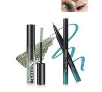 Ensemble mascara et eye-liner vert à paillettes, Diamond Shimmer mascara longueur et volume, eye-liner liquide ultra-fin métallique à paillettes, imperméable et durable, maquillage des yeux hautement
