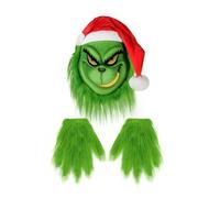 Ensemble Masque de Monstre Vert et Gants Vert Masques de Grincheux Costume de Voleur Halloween Efrayant pour Adulte Masque Intégral de Noël Accessoire de Cosplay Déguisement avec Bonnet de Père Noël