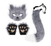 Ensemble masque queue et gants en fausse fourrure de chat et de loup en fourrure pour Halloween, fête de Noël, gris, taille unique