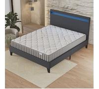NOVEMBER- Ensemble Matelas + Sommier & tête de lit LED (160 x 200cm) - Matelas Latex Naturel d’épaisseur 16cm + Lit Stable & Robuste, revêtement synthétique Noir