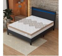 Ensemble MATELAS + LIT (160x200cm)- Errakis 28cm Ressorts ensachés & Mousse HDensité + Sommier stable & tête de lit LED Noir