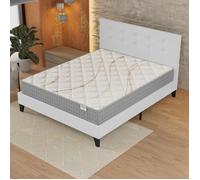 Ensemble MATELAS + LIT (160x200cm)- Essem 25cm Ressorts ensachés & Mousse HDensité + Sommier stable & tête de lit revêtement Blanc
