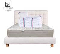 Ensemble Matelas Organic Coton 140x200 cm + 2 Oreillers + Couette + Sommier + Tête de Lit Beige