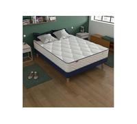Ensemble matelas ressorts ensachés + mousse mémoire Sweety, sommier en kit déco et pieds 90x190 Bleu chiné
