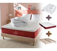 Ensemble Matelas sommier bois Passion 140x190 - Prêt à Dormir Hybride : Mémoire de Forme, Ressorts Ensachés - 2 Oreillers Mémoire Gel 60x40 cm, Couette 4 Saisons 200x200 cm, Protège-Matelas