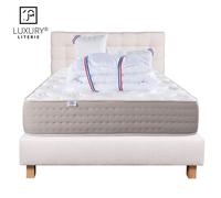 Ensemble Matelas Viscolatex 160x200 cm + 2 Oreillers + Couette + Sommier + Tête de Lit + Tête de Lit Beige