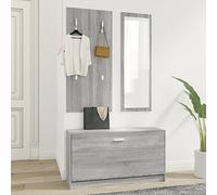Ensemble meuble à chaussures 3 en 1 gris Sonoma bois multicouche | 80 cm avec séparateur, 4 crochets, miroir 30 x 100 cm, 3 pièces d'entrée