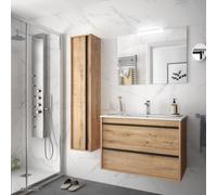 Ensemble meuble de salle de bain 800mm 2 tiroirs Chêne Ostippo avec Vasque porcelaine, Miroir et Applique ATTILA- SALGAR 84944