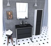Ensemble meuble de salle de bain 80x50 cm - vasque noir effet pierre + colonne noir mat + miroir