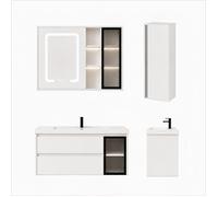 Ensemble meuble de salle de bain avec vasque armoire miroir LED et colonne - 100 cm - Blanc - ARVIA