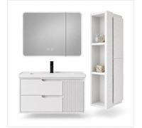 Ensemble meuble de salle de bain avec vasque armoire miroir LED et colonne - 100 cm - Blanc - SEREN