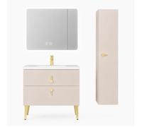 Ensemble meuble de salle de bain avec vasque armoire miroir LED et colonne - 60 cm - Blanc - NORVA