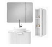Ensemble meuble de salle de bain avec vasque armoire miroir LED et colonne - 60 cm - Blanc - RAIN