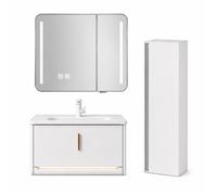 Ensemble meuble de salle de bain avec vasque armoire miroir LED et colonne - 80 cm - Blanc - VALEN