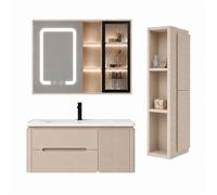 Ensemble meuble de salle de bain avec vasque armoire miroir LED et colonne - 80 cm - CYLIA