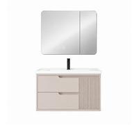 Ensemble meuble de salle de bain avec vasque et armoire miroir LED - 100 cm - Kaki - SEREN