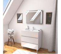 Ensemble Meuble de salle de bain blanc 80 cm sur pied 3 tiroirs + vasque ceramique blanche + miroir