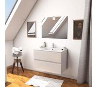 Ensemble Meuble de salle de bain blanc 80cm suspendu 2 tiroirs + vasque ceramique blanche + miroir