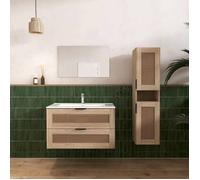 Ensemble Meuble de Salle de Bains 80 cm et Colonne - Decor Bois et Cannage - APOLLINE