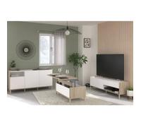 Ensemble meuble de salon - Meuble TV, table basse, buffet bas - MORPHOS - Décor blanc / Chêne - PARISOT