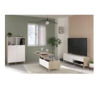 Ensemble meuble de salon - Meuble TV, table basse relevable, bahut haut - MORPHOS - Décor blanc / Chêne - PARISOT