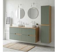 Ensemble meuble double vasque à poser L. 120 cm + 1 colonne Chêne naturel 4 tiroirs Vert sauge cannelé EVA