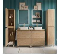 Ensemble meuble double vasque à poser L. 120 cm + 2 colonnes sur pied 4 tiroirs Chêne naturel LISBONA