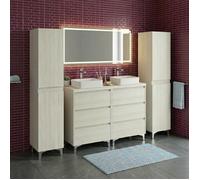 Ensemble meuble double vasque à poser L. 120 cm + 2 colonnes sur pied 6 tiroirs Chêne blanchi LISBONA