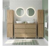 Ensemble meuble double vasque à poser L. 120 cm + 2 colonnes sur pied 6 tiroirs Chêne naturel LISBONA