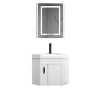 Ensemble meuble-lavabo d'angle avec miroir LED, vasque en céramique pour petits espaces, robinet et bonde inclus.