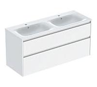 Geberit Renova Plan Ensemble lavabo double meuble bord étroit, avec meuble sous lavabo, 2 tiroirs, 130x62,1x48cm, 504042018, Couleur: Lavabo: blanc/KeraTect, façade/carcasse: blanc/vernis satiné - CM