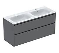 Geberit Renova Plan Ensemble lavabo double meuble bord étroit, avec meuble sous lavabo, 2 tiroirs, 130x62,1x48cm, 504042JK8, Couleur: Lavabo: blanc/KeraTect, façade/carcasse: lava/laqué satiné - CM