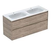 Geberit Renova Plan Ensemble lavabo double meuble bord étroit, avec meuble sous lavabo, 2 tiroirs, 130x62,1x48cm, 504042JR8, Couleur: lavabo : blanc/KeraTect, façade/carcasse : structure en noyer, hic
