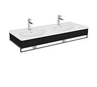 Ensemble meuble-lavabo double VitrA Equal 64097 132,5 x 52 cm, meuble-lavabo asymétrique, blanc, porte-serviettes, panneau en chêne noir