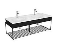 Ensemble meuble-lavabo double VitrA Equal 64100 132,5 x 52 cm, avec vasque asymétrique, blanc, étagère et panneau en chêne noir