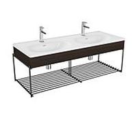 Ensemble meuble-lavabo double VitrA Equal 64101 132,5 x 52 cm, avec vasque asymétrique, blanc, étagère et panneau en bois d'orme