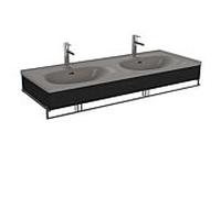 Ensemble meuble-lavabo double VitrA Equal 66064 132,5 x 52 cm, meuble-lavabo asymétrique, gris pierre mat, avec panneau en chêne noir