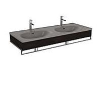 Ensemble meuble-lavabo double VitrA Equal 66065 132,5 x 52 cm, meuble-lavabo asymétrique, gris pierre mat, avec panneau en bois d'orme