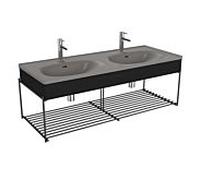 Ensemble meuble-lavabo double VitrA Equal 66066 132,5 x 52 cm, meuble-lavabo asymétrique, gris pierre mat, avec panneau en chêne noir