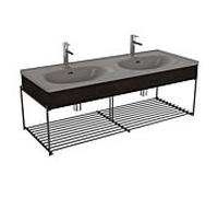 Ensemble meuble-lavabo double VitrA Equal 66067 132,5 x 52 cm, meuble-lavabo asymétrique, gris pierre mat, avec panneau en bois d'orme