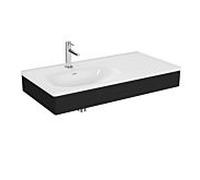 Ensemble meuble-lavabo VitrA Equal 64085 100x52cm, avec vasque asymétrique, en vinyle blanc, et panneau en bois effet chêne noir.