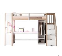 Ensemble meuble lit 90 × 200 cm avec armoire, bureau spacieux, escalier à rangement et LED