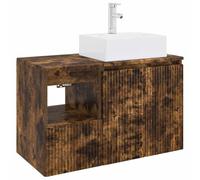 Ensemble Meuble Salle de Bain 2 Pièces Bois Composite Chêne Fumé | Design mural gain de place, vanité et cabinet assortis, perçage personnalisé, poignées argentées, rangement optimal