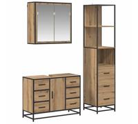 Ensemble Meuble Salle De Bain 3 Pc Bois D'Ingénierie Chêne Mural | Miroir,étagères,portes,poignées,tiroir,design rectangulaire,pieds noirs,style poteau,fixation murale,entretien facile,bois
