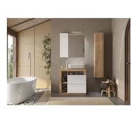 Ensemble Meuble salle de bain HAMBOURG L78 - Vasque + 2 Tiroirs + 3 niches + Colonne - Coloris chêne clair et laqué blanc