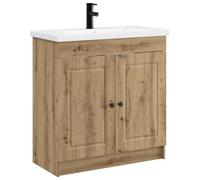 Ensemble Meuble Salle De Bain Bois Ingenierie Avec Lavabo Et Robinet | Portes a charnieres, boutons en metal, etageres integrees, design minimaliste moderne