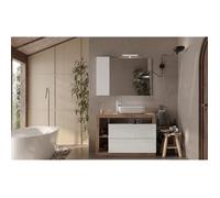 Ensemble Meuble salle de bain L110cm - Vasque + 2 Tiroirs + 3 niches - Coloris chêne clair et laqué blanc - HAMBOURG