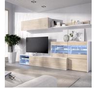 Ensemble meuble séjour living avec vitrine LED - Décor chêne et blanc - L 260 x P 41 x H 180 cm - UMA