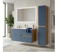 SANIVERRE Ensemble Meuble Simple Vasque L.100cm + 1 Colonne à Suspendre Chêne Naturel 2 tiroirs Bleu Mer cannelé Collection Salle de Bain EVA